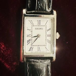 Seiko Tank Watch, White Dial, Rectangular Silver Case, Black Leather Band